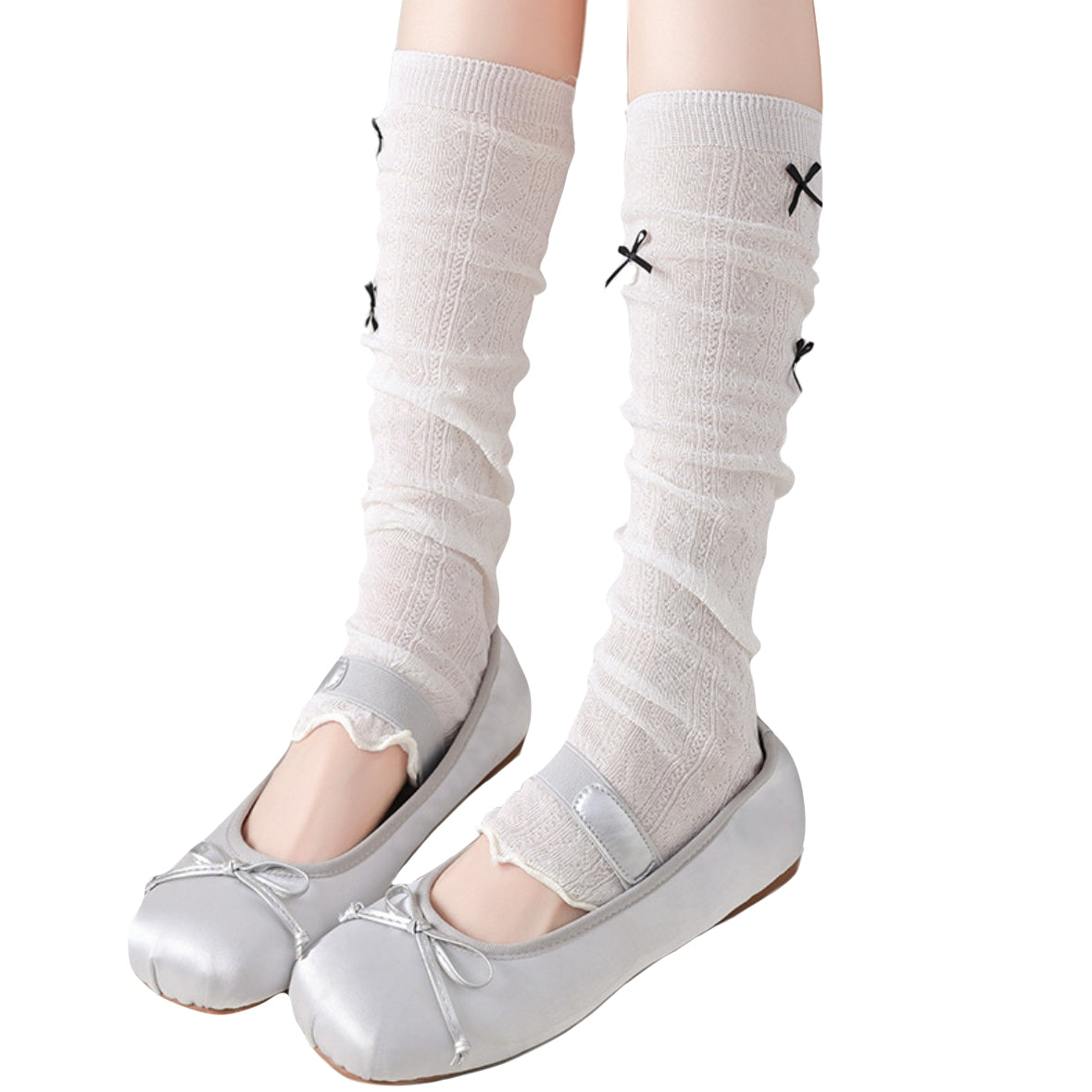 White over-calf knit socks shown in both stretched and slouched style Japanese mesh leg warmers